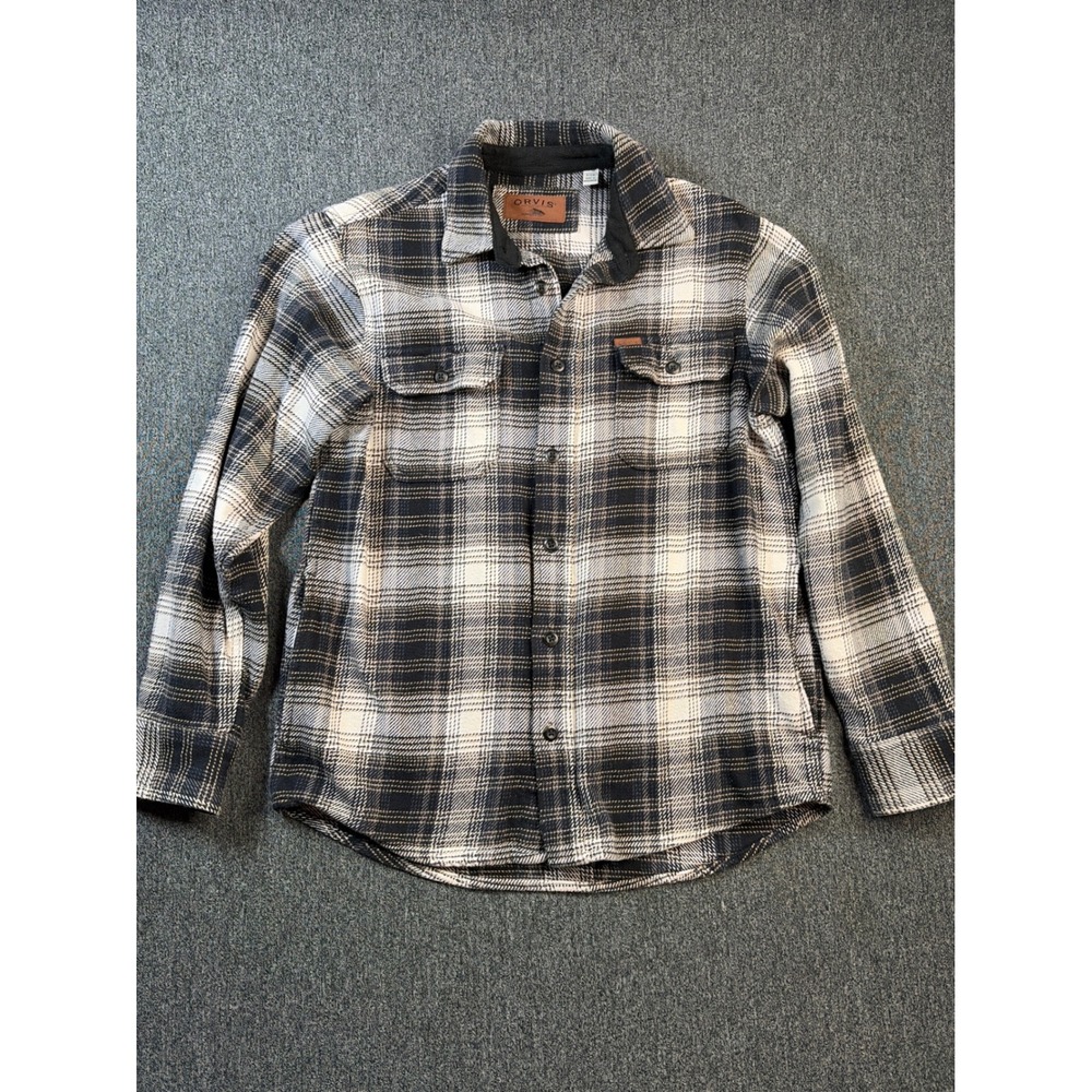 Orvis Mens Small Black White Plaid Flannel Long Sleeve Button Up Shirt Cotton